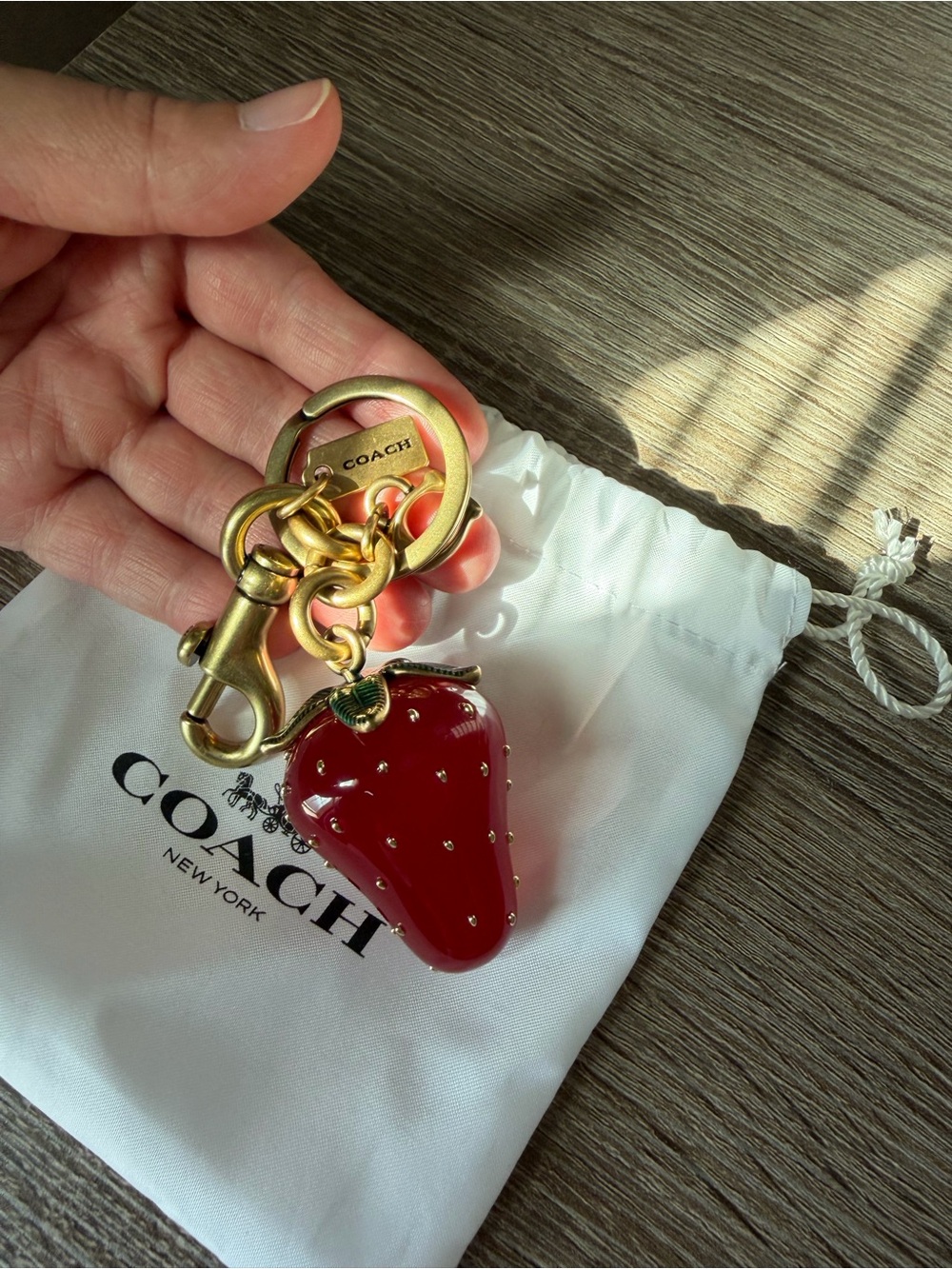 COACH Strawberry Charm Keychain in Red and Gold